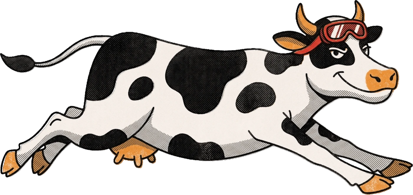 Blits, de mascotte van Loei: een sprintende koe met racebril, als zeefdruk.