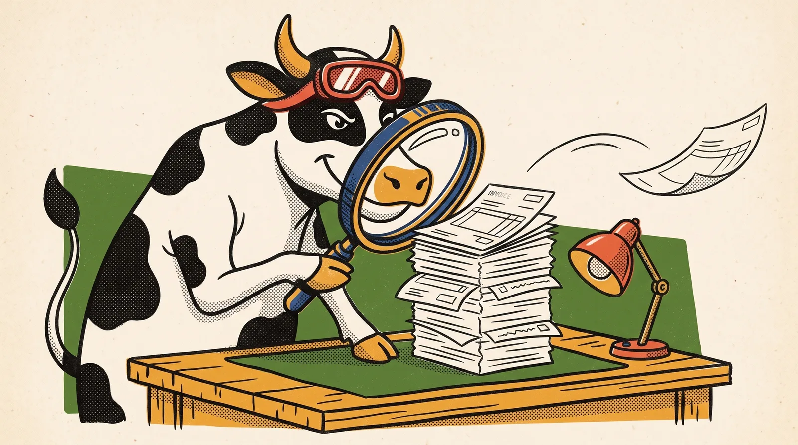 Blits, de sprintende koe met racebril, houdt een vergrootglas boven een stapel facturen op een bureau, als zeefdruk.