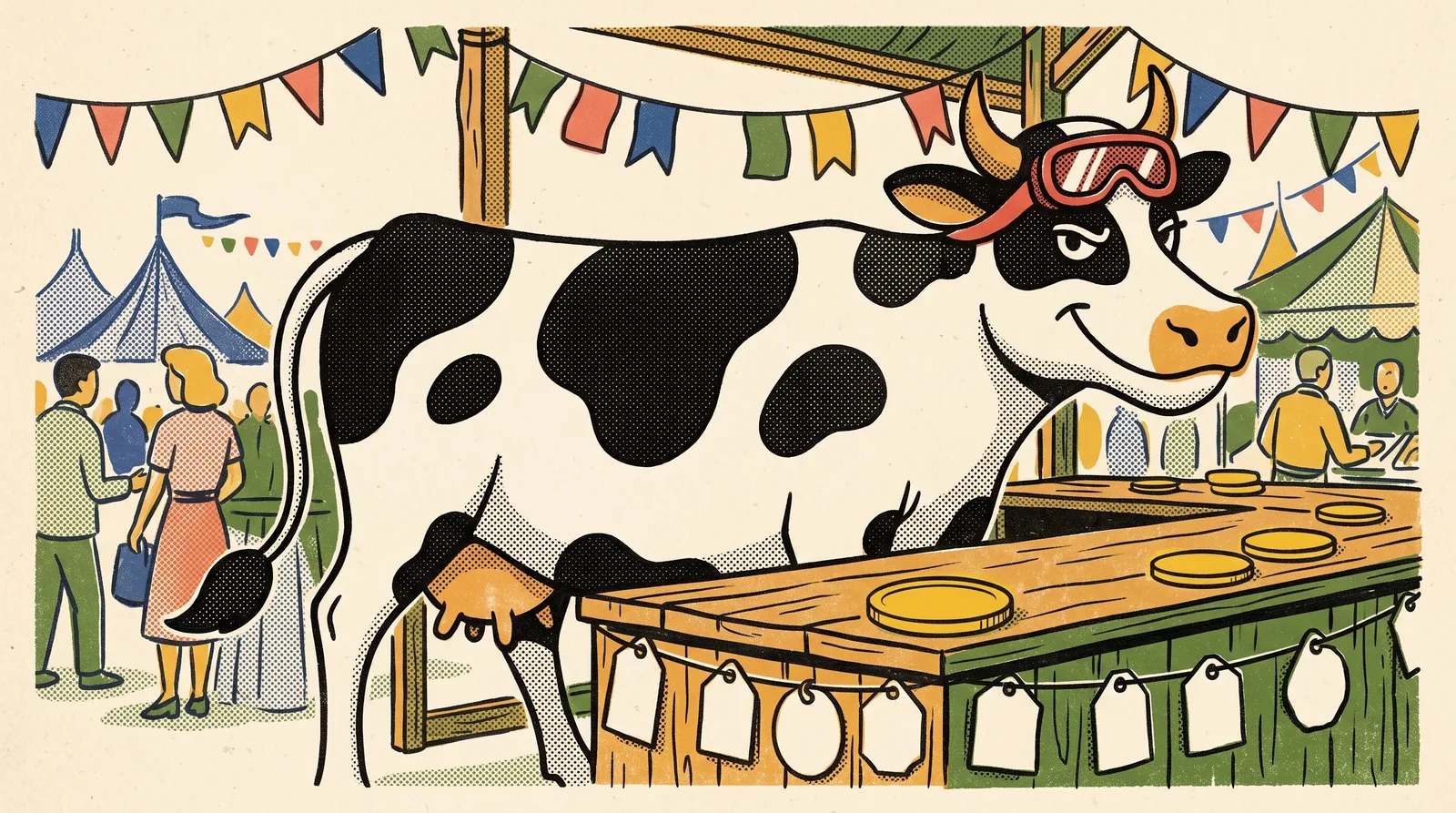 Blits staat achter een houten marktkraam met vlaggetjes en blanco prijskaartjes; op de toonbank liggen gele munten, als zeefdruk.